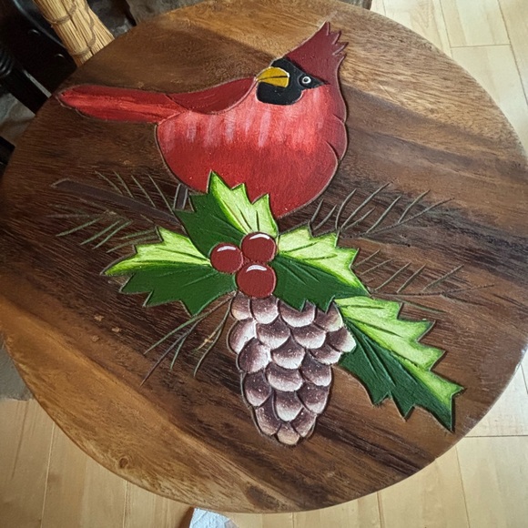 Red Cardinal & Holly Design Hand Carved Acacia Hardwood...
